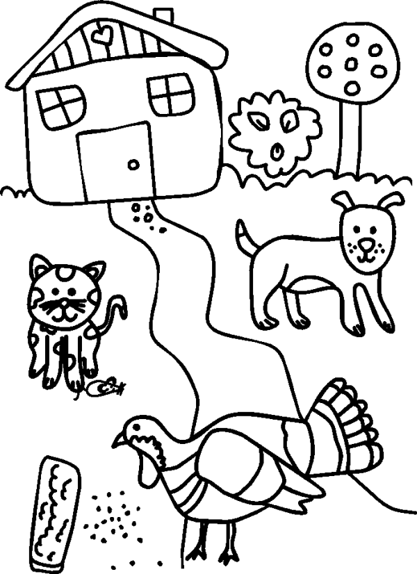 Pets are walking by the house in the village