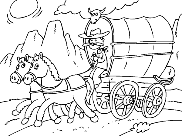 Two horses pulling a wagon with a cowboy