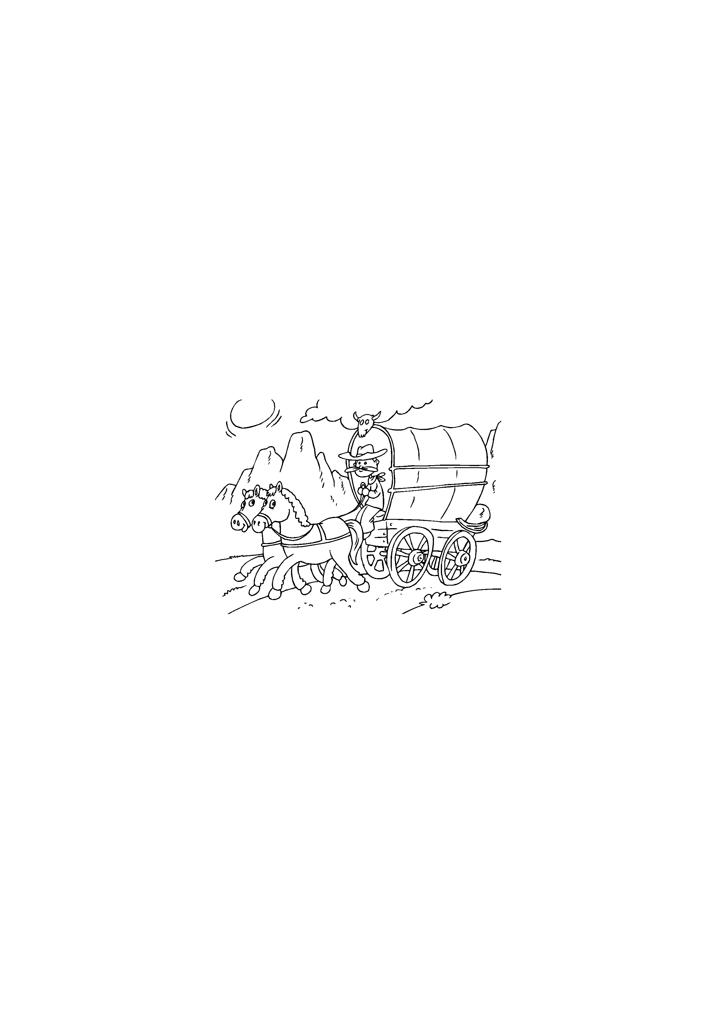 Two horses pulling a wagon with a cowboy