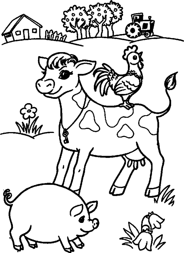 Rooster on a Spotted Cow and Pig