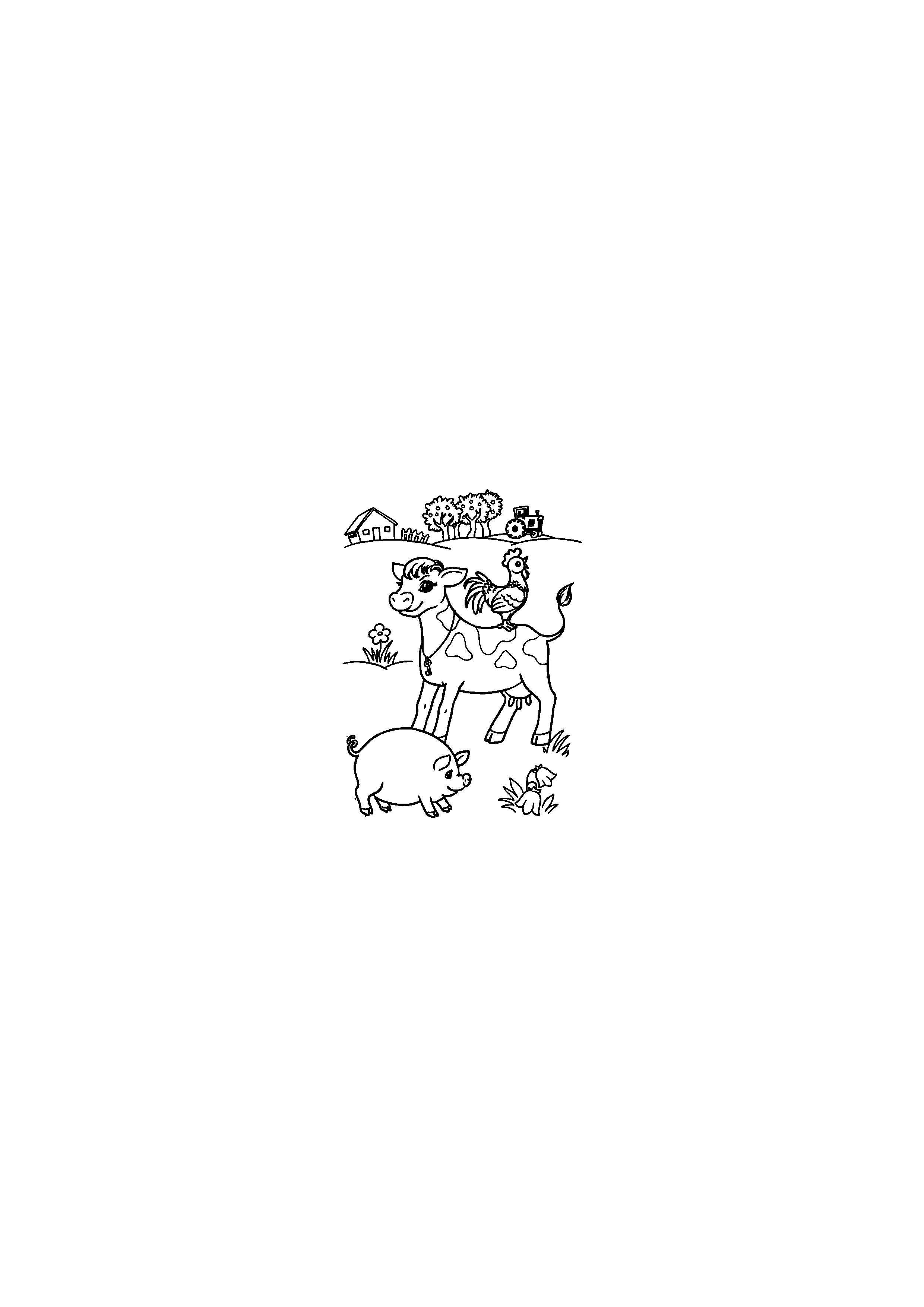 Rooster on a Spotted Cow and Pig