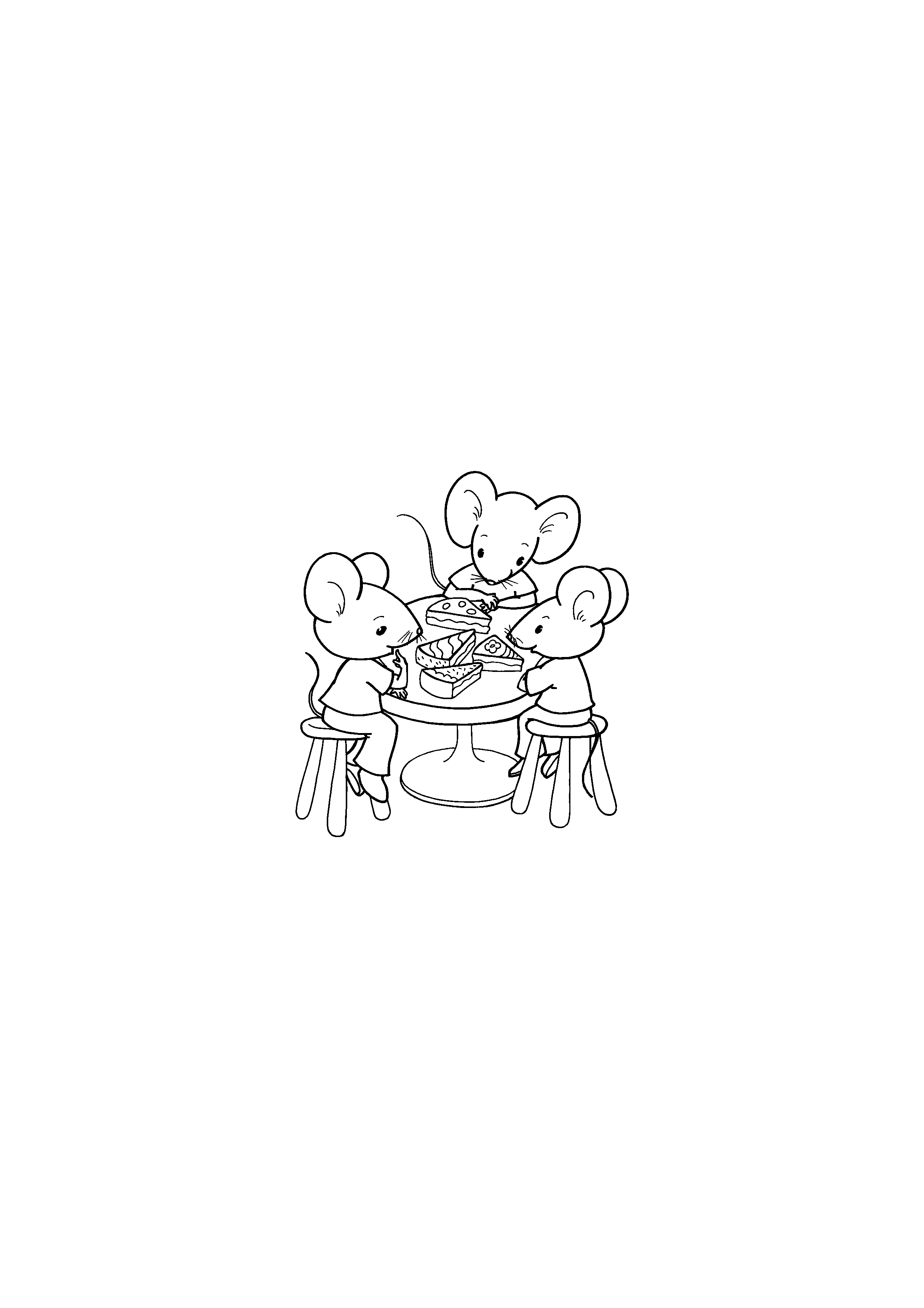 Three Mice Sharing a Cake at the Table