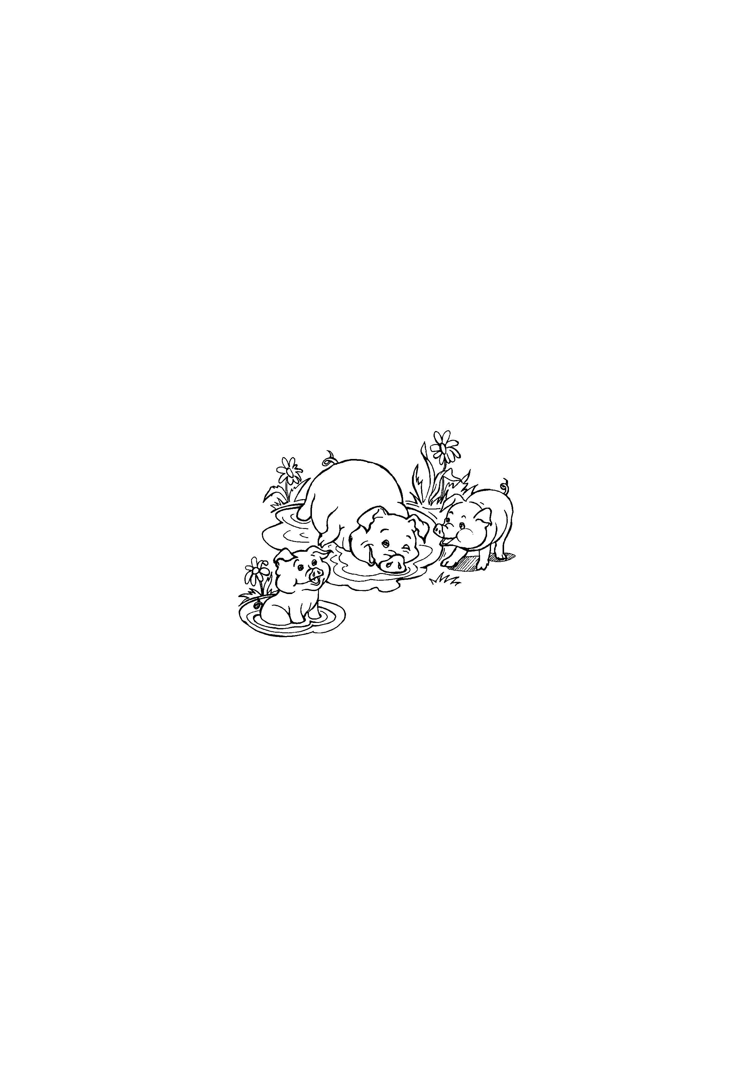 Two Piglets and a Pig in a Puddle