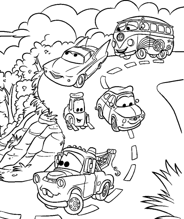 Lightning McQueen and his friends are driving on the road