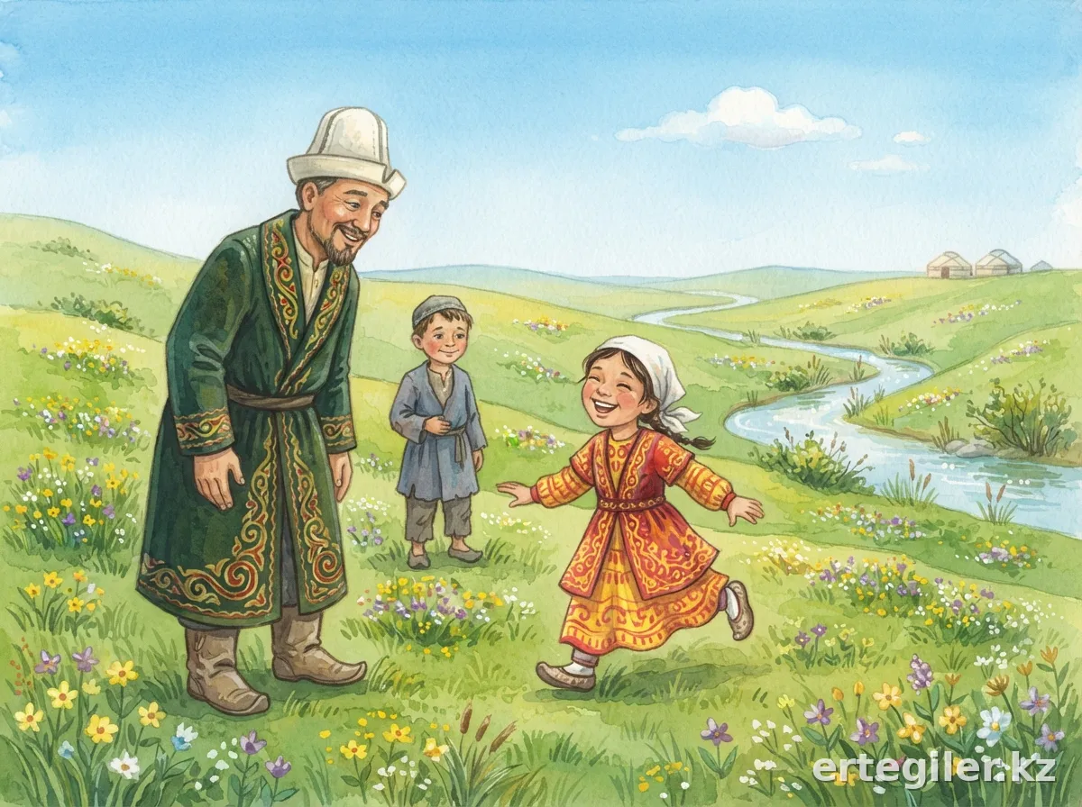 Алдар Көсе и Ақшақар встречаются среди цветов.