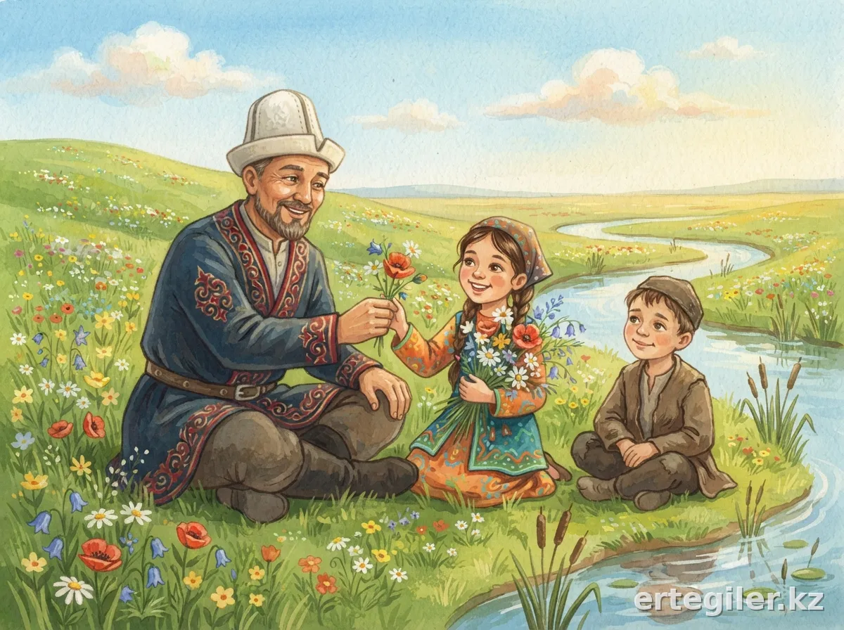 Алдар Көсе и Ақшақар собирают цветы для мальчика.