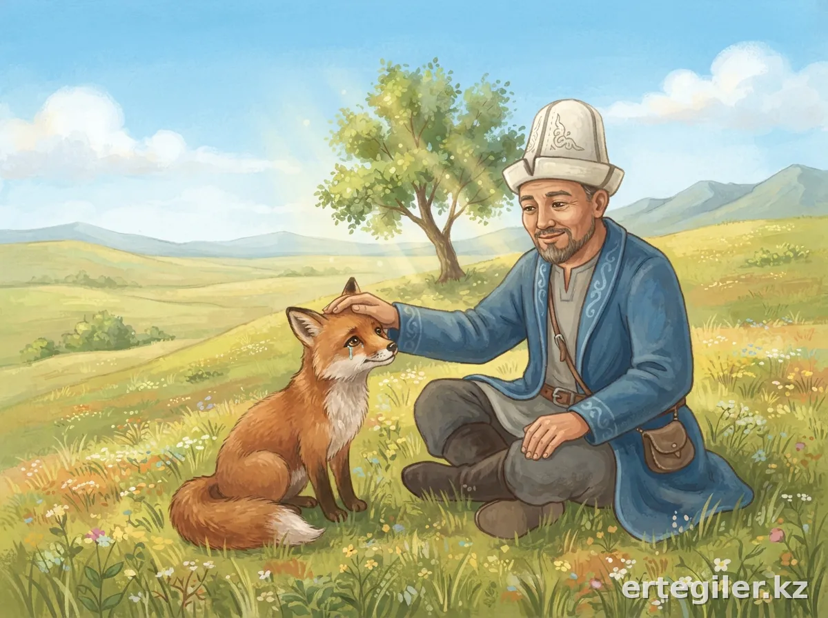 Aldar Kose comforts crying fox, promising friendship. Aldar Kose comforts crying fox, promising friendship.