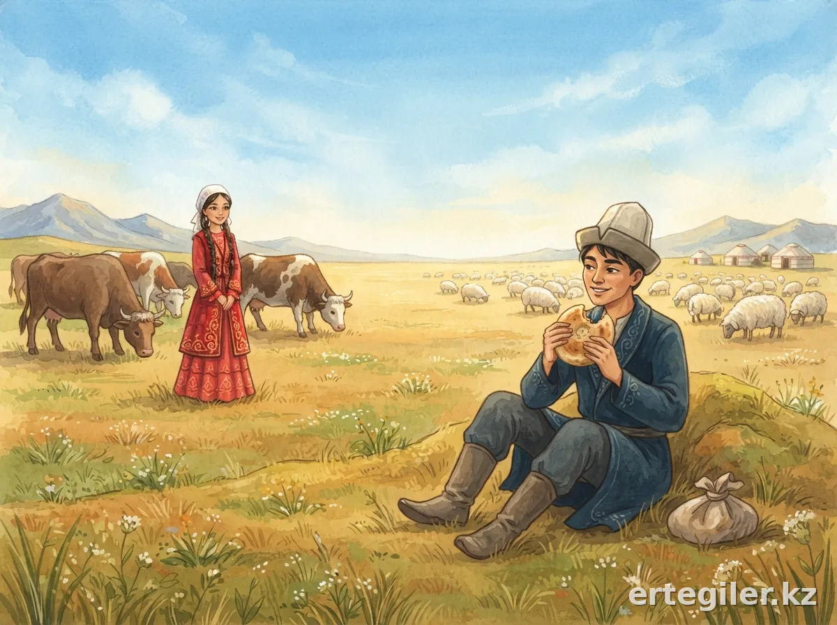 Aldar Kose eats bread on the steppe.