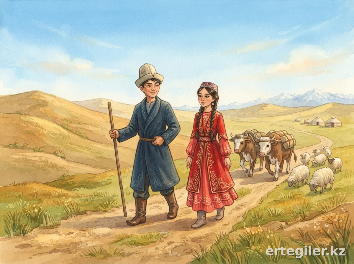 Aldar Kose, Jinishkebiz, and oxen travel.