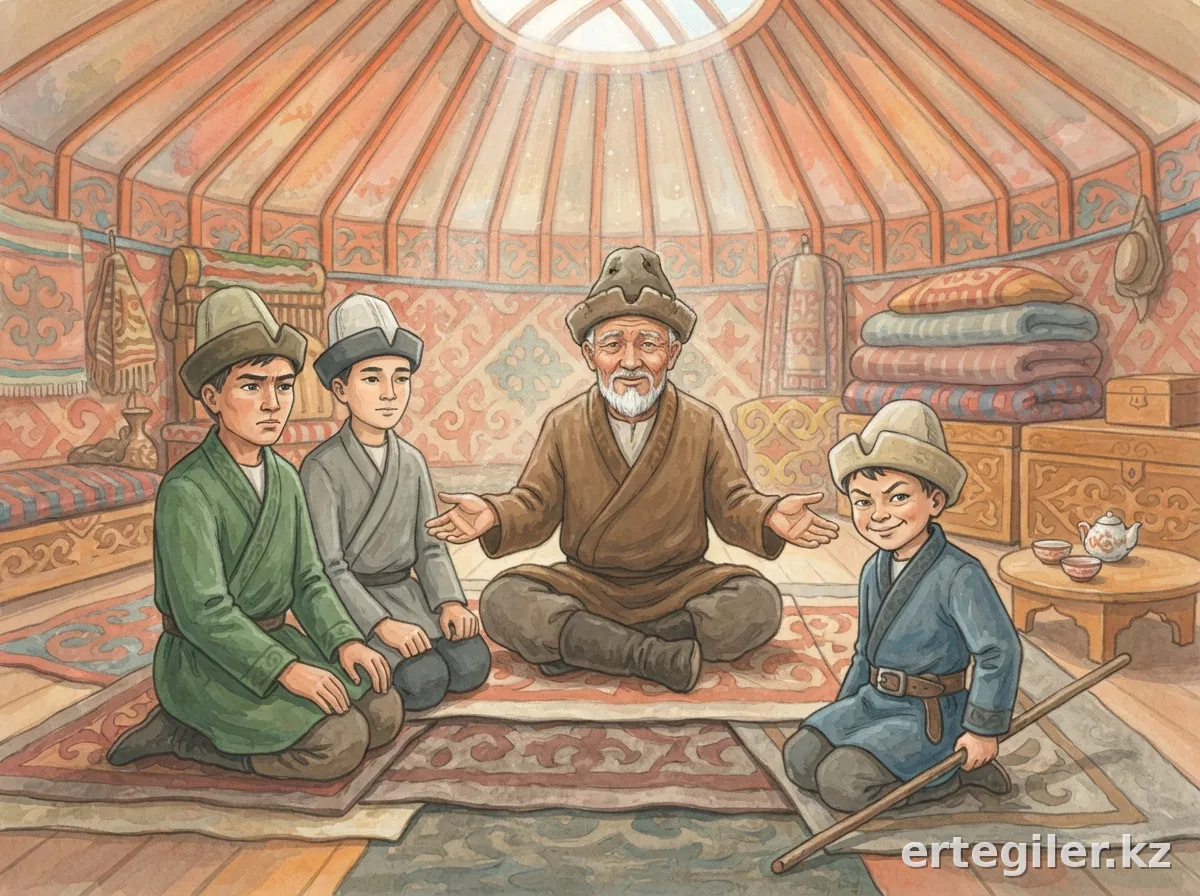 Әке батасын беріп, балалары тізе бүгіп тұр.