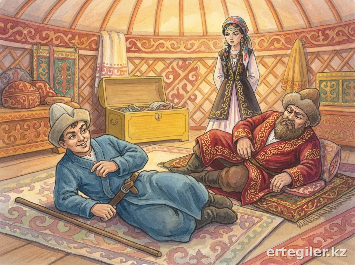 Алдар күліп жатыр, бай есінен танып қалған.