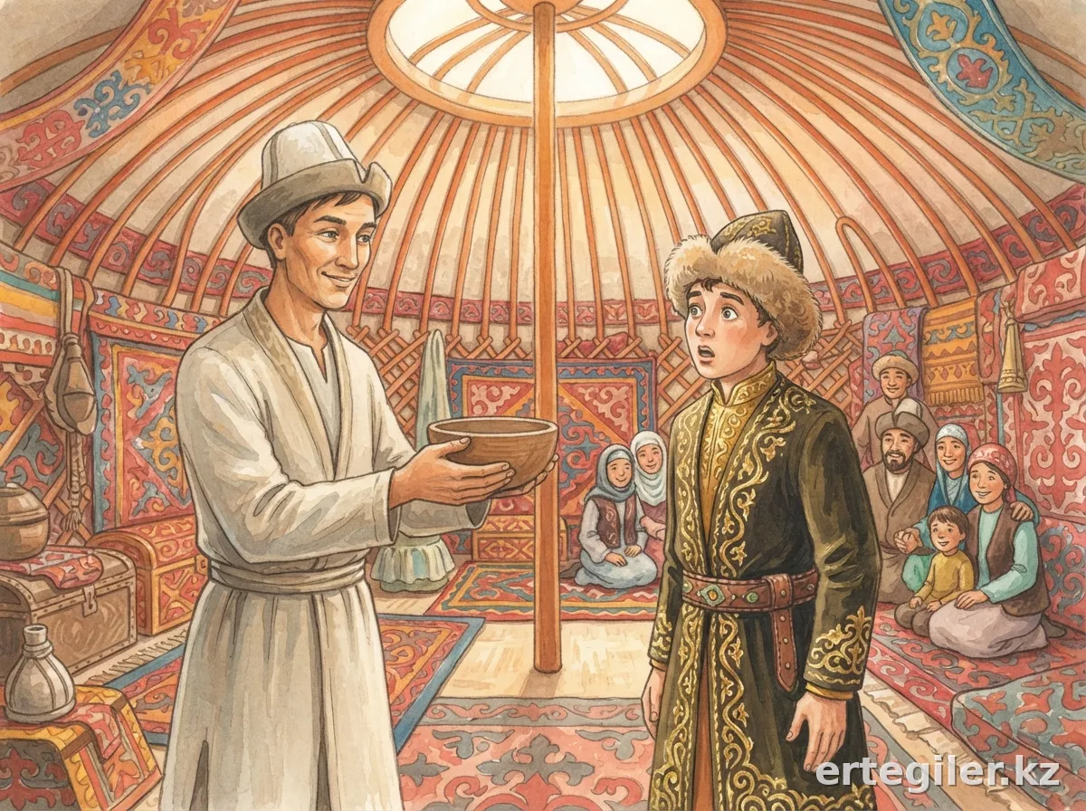 Алдар Көсе, жасырынған, байдың баласын таң қалдырады. Алдар Көсе, жасырынған, байдың баласын таң қалдырады.