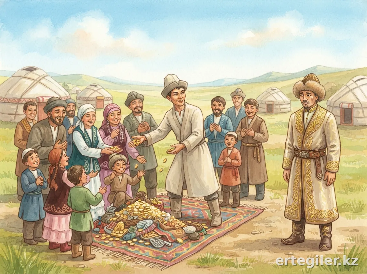 Алдар Көсе байлықты риза ауыл тұрғындарына таратады. Алдар Көсе байлықты риза ауыл тұрғындарына таратады.