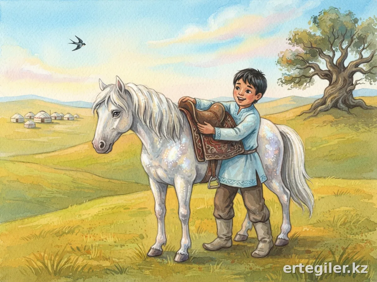 Boy saddles scabby horse transforming into majestic steed.