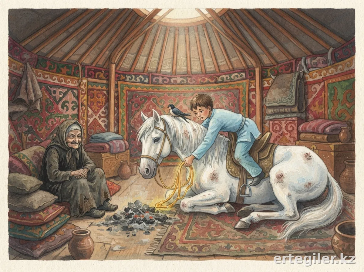 Boy on horse retrieves golden bridle from hag.