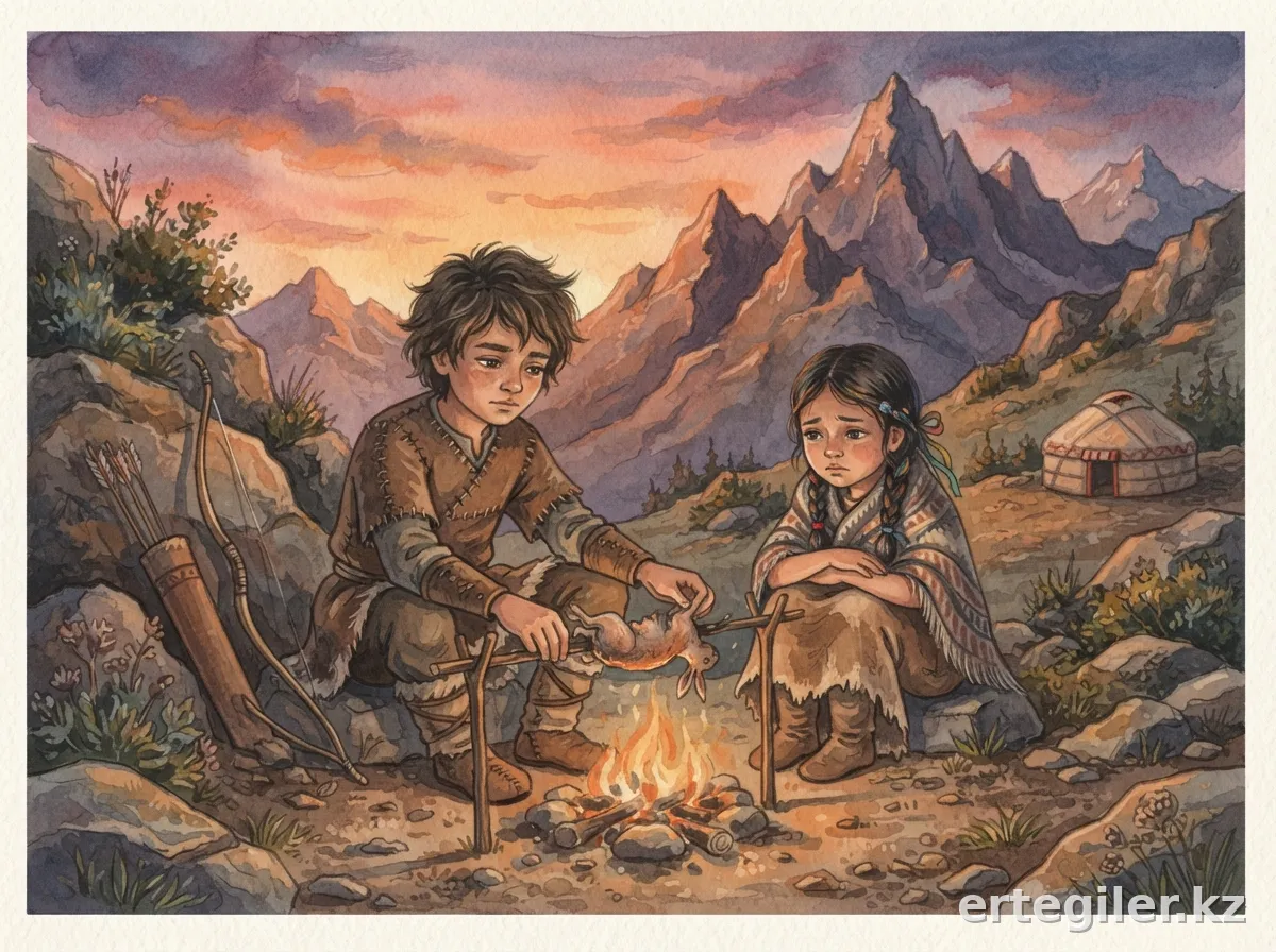 Children in mountains, fire, eating rabbit. Children in mountains, fire, eating rabbit.
