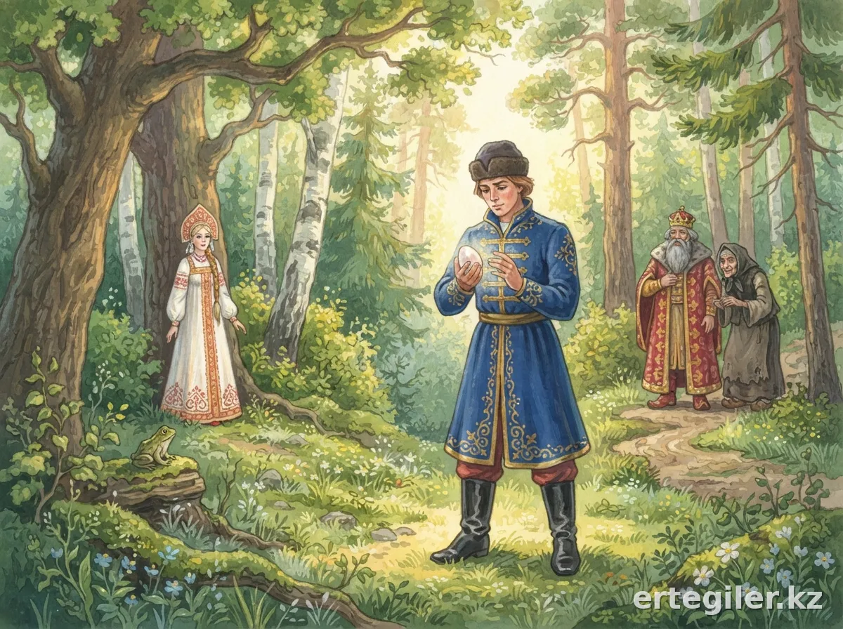Ivan Tsarevich holds the egg, Koshchei's death.