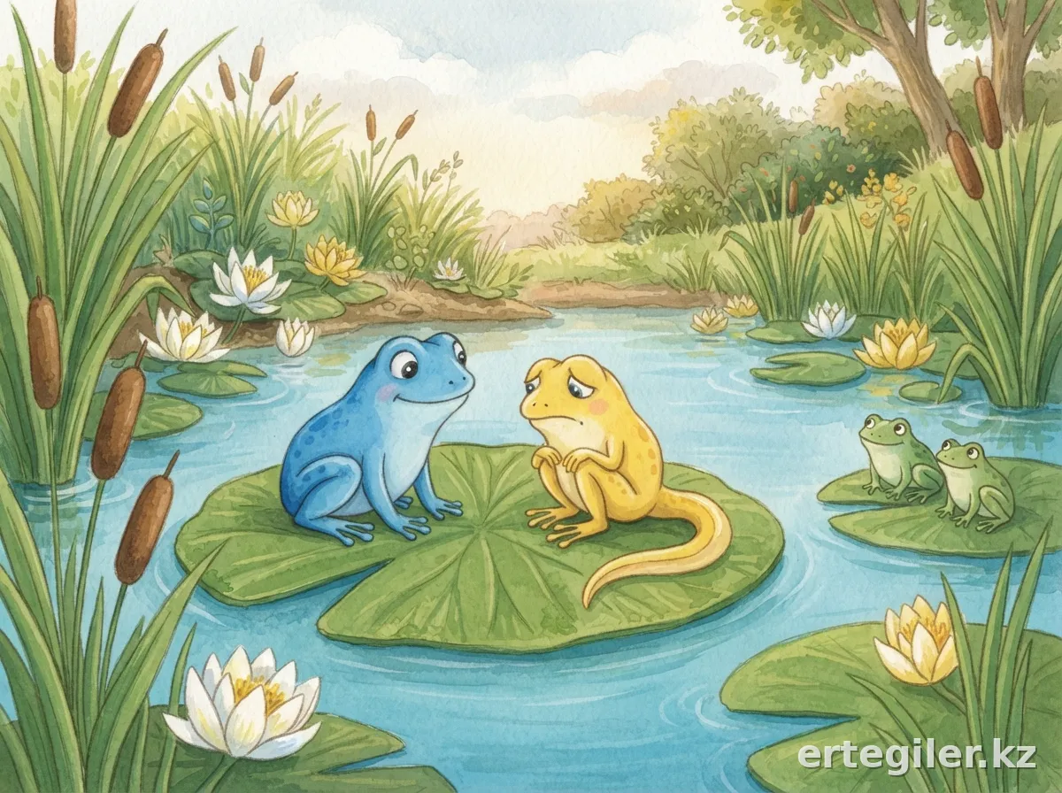 Blue Frog comforts Tail Frog, approaching her. Blue Frog comforts Tail Frog, approaching her.