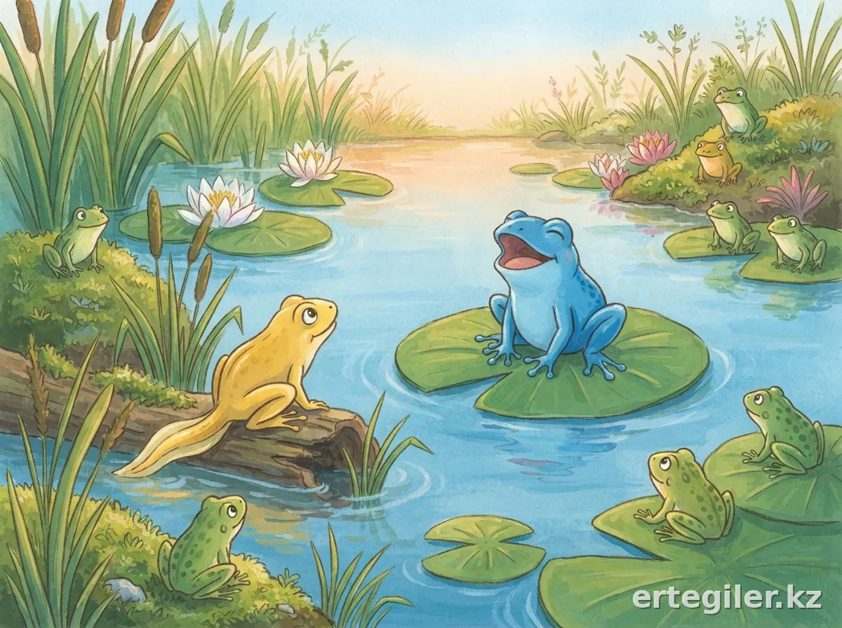Blue Frog sings, teaching Tail Frog self-acceptance. Blue Frog sings, teaching Tail Frog self-acceptance.