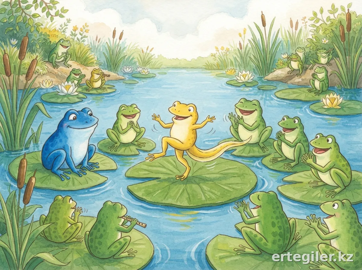 Tail Frog joyfully dances at the lake celebration. Tail Frog joyfully dances at the lake celebration.
