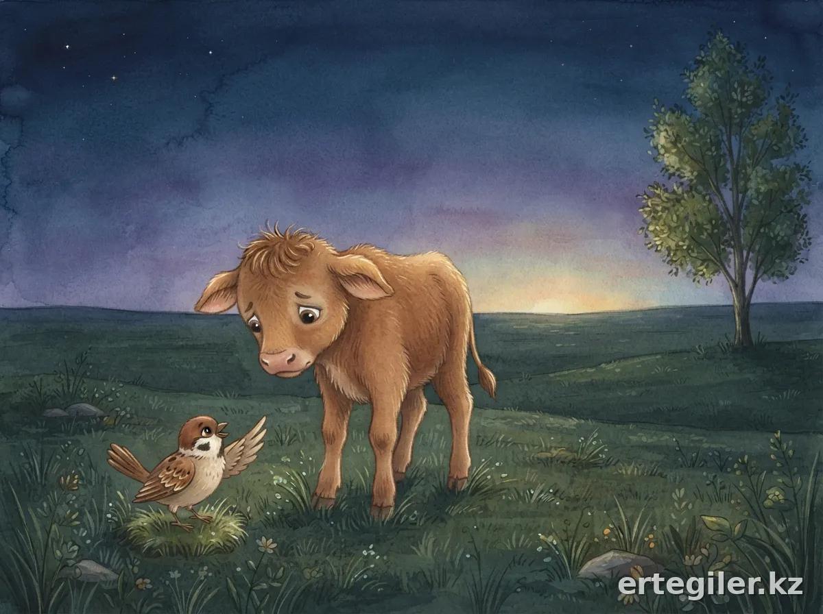 Sad calf meets his sparrow friend.