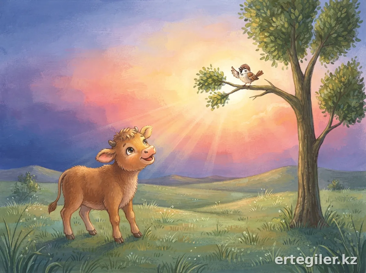 Sunrise, calf and sparrow are happy.