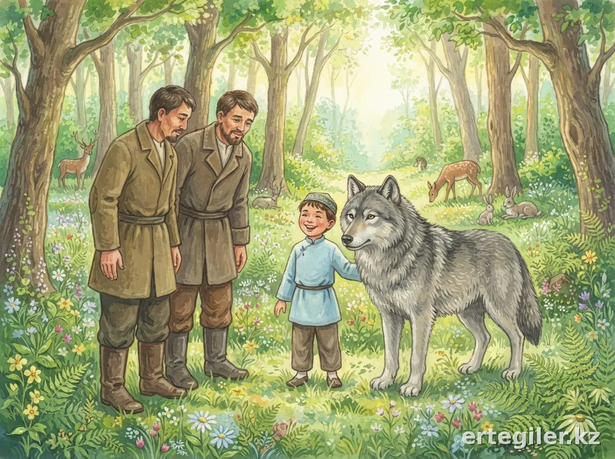 Hunters, Tumar, Zholbarys celebrate peace in forest.