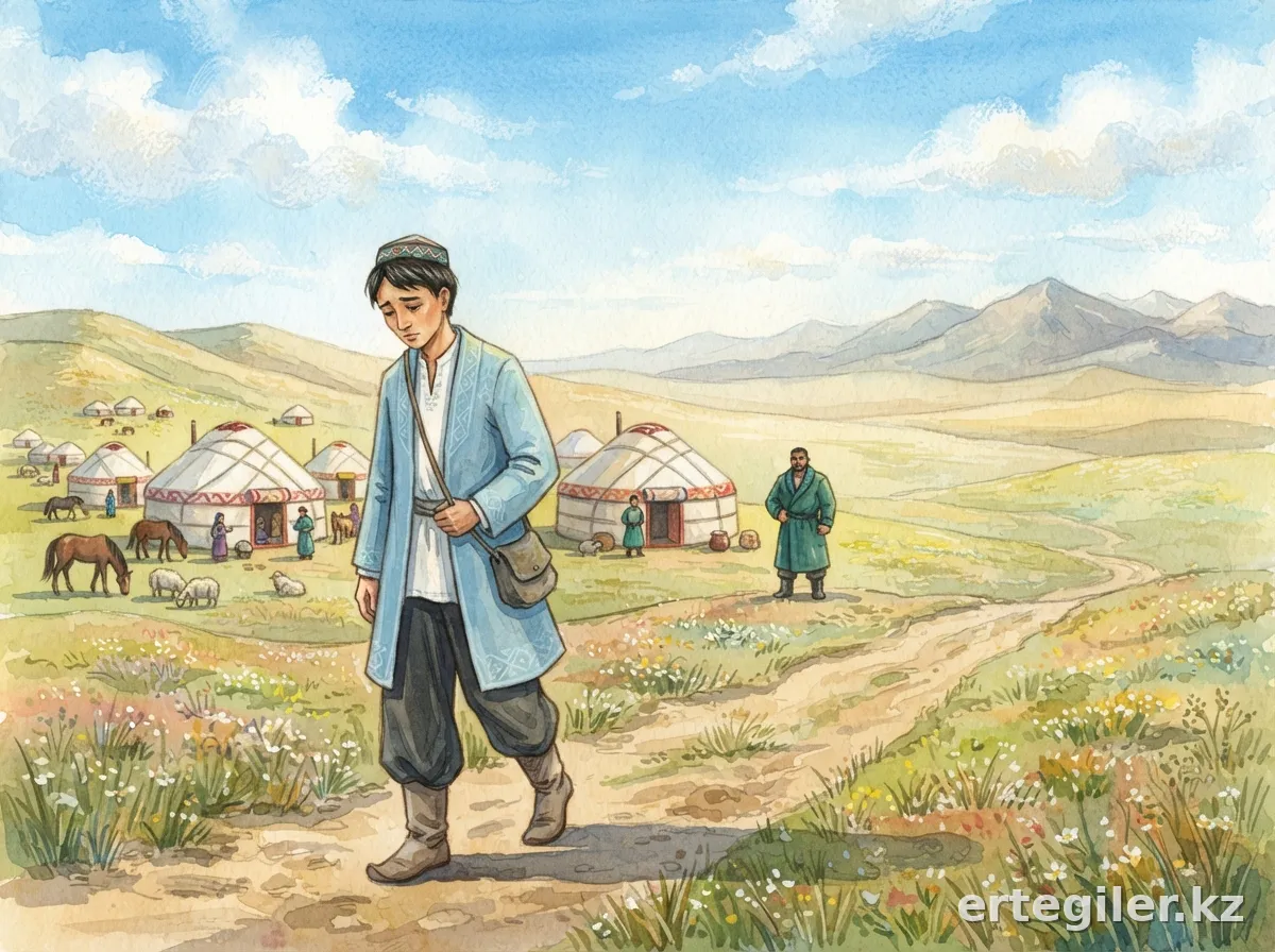 Кайрат грустно уходит из села.