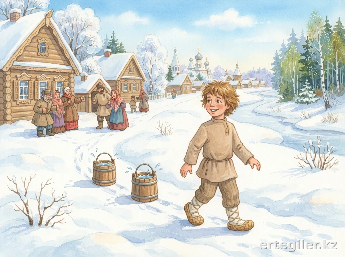 Емеля мен өздігінен жүретін шелектер қарлы ауыл жолында.