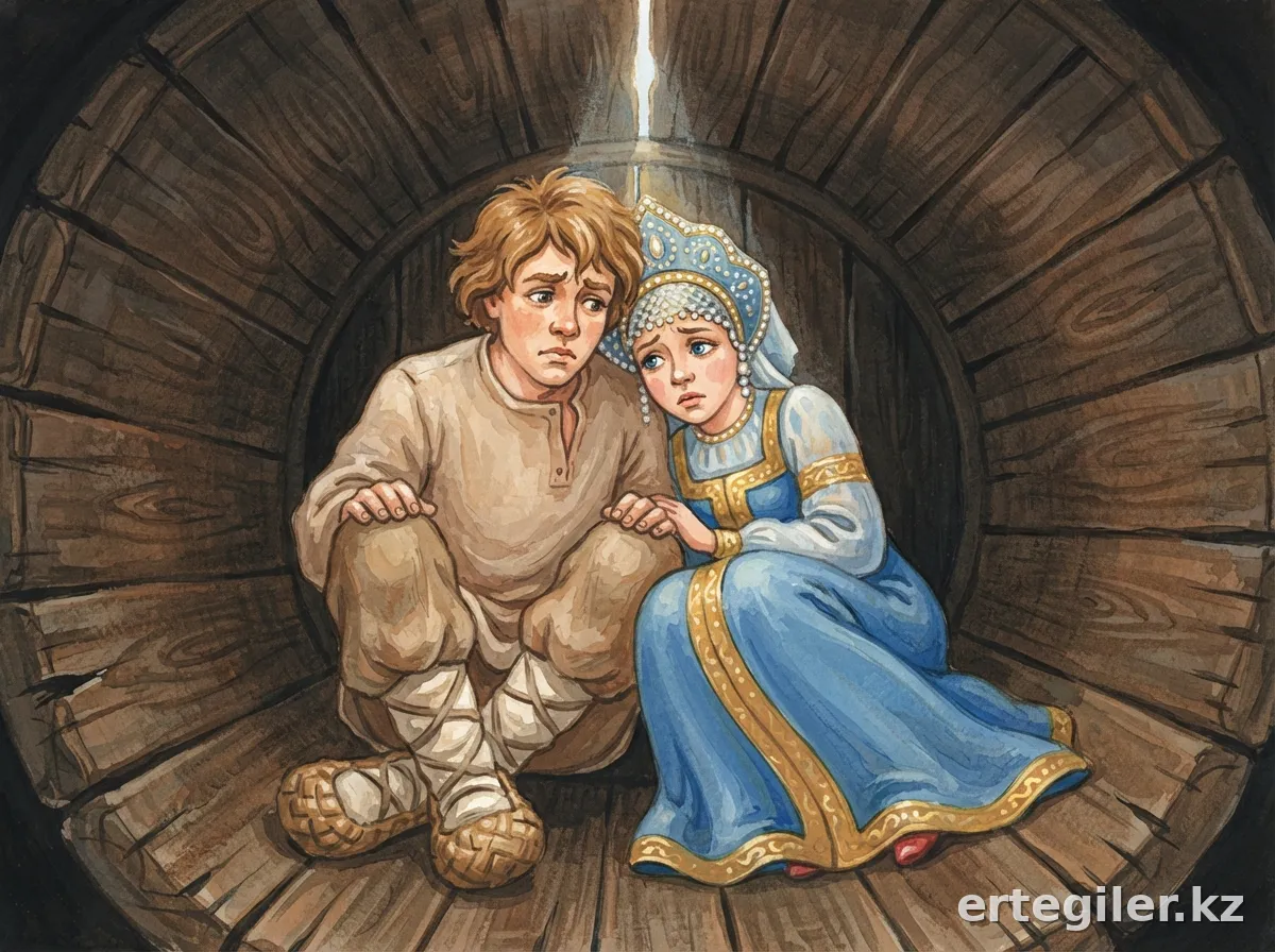 Емеля мен Марья-патша қызы бөшке ішінде отыр.
