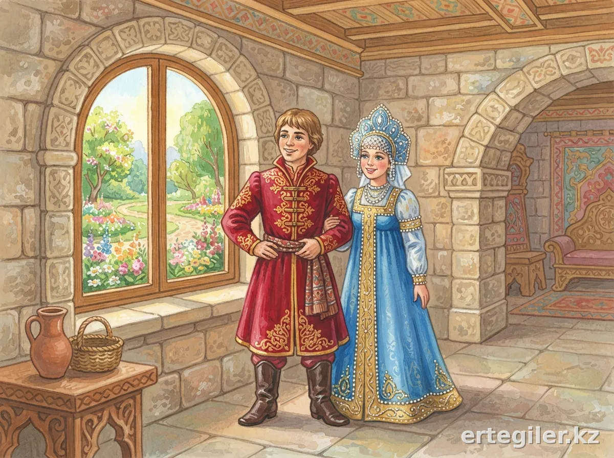 Әдемі Емеля мен Марья-патша қызы сарай терезесінде.