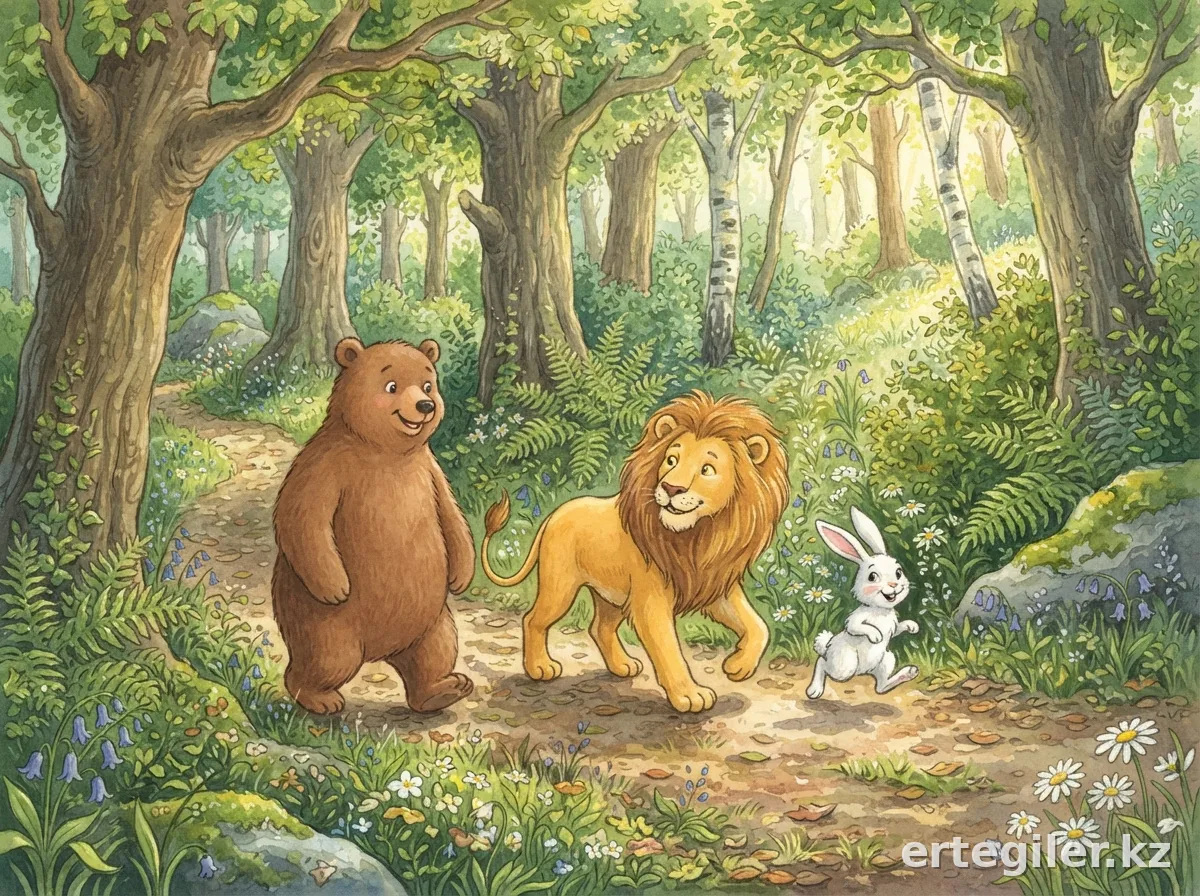 Bear, rabbit, and lion walk together in forest.