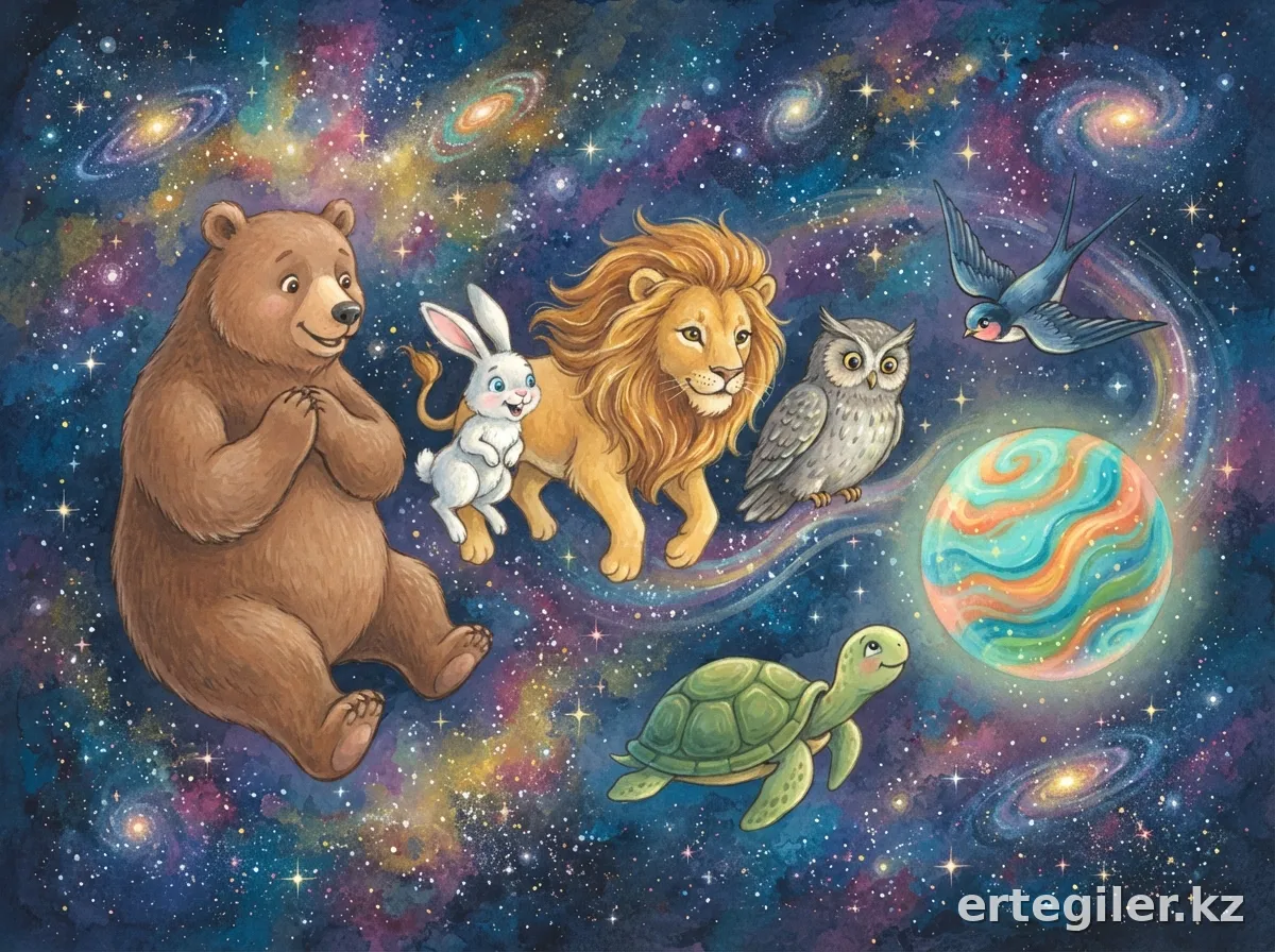 Friends explore colorful planets in space.