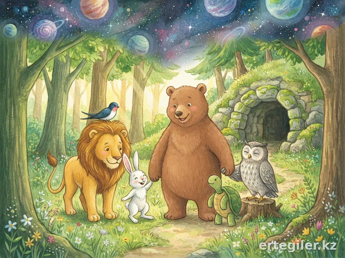 Friends return to forest, valuing their friendship.