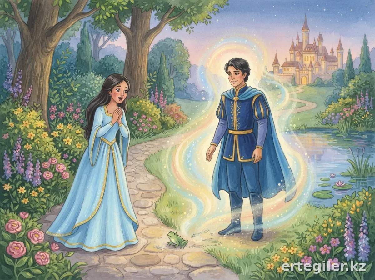 Frog transforms into prince, princess astonished.