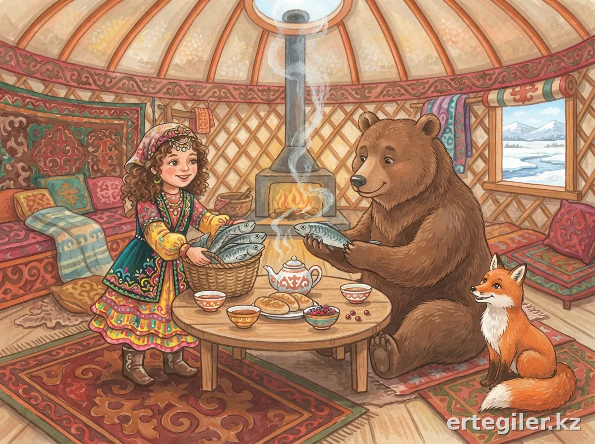 Қыз аюға үлкен балықтарды береді.