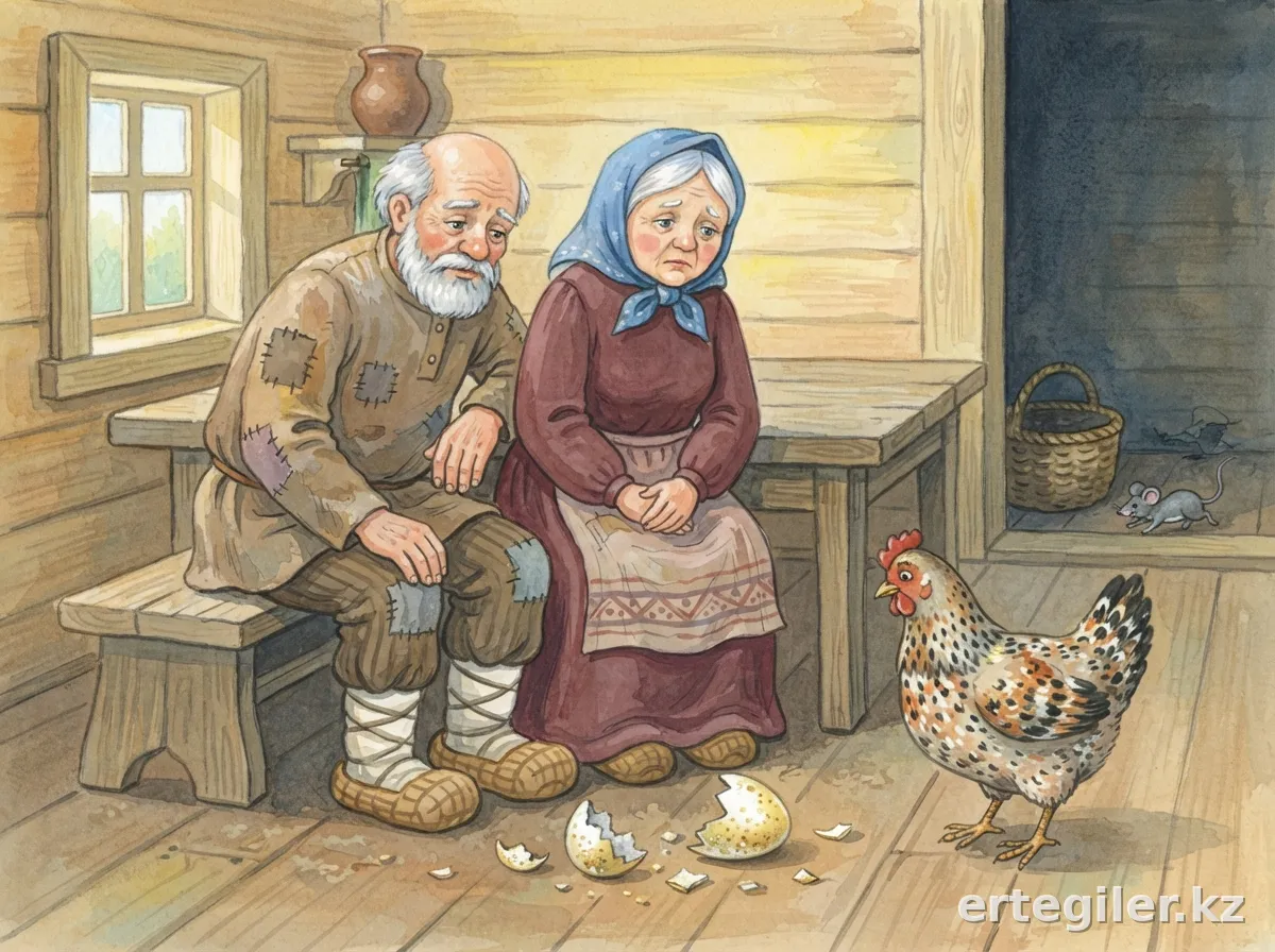 Old couple sadly looks at broken egg, mouse scurries.