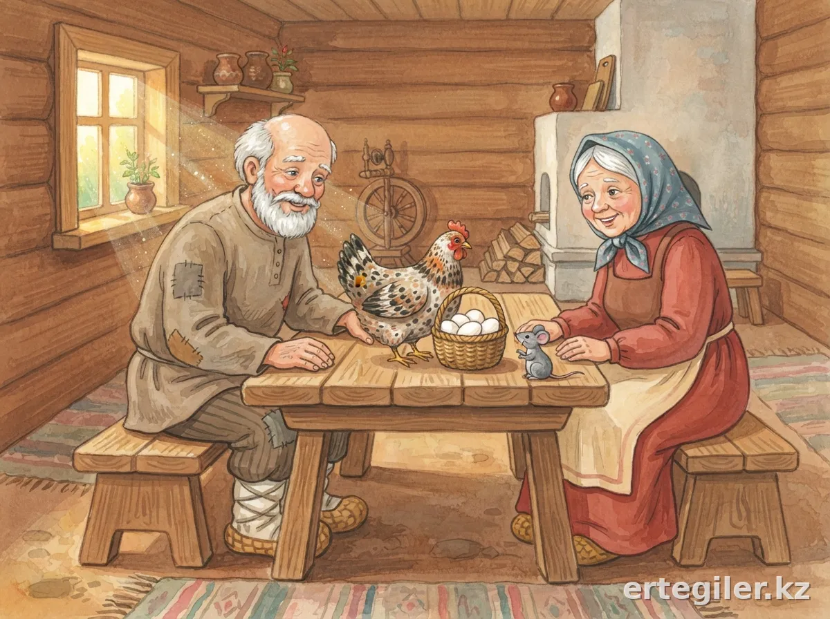 Chicken brings eggs, old couple smiles happily.