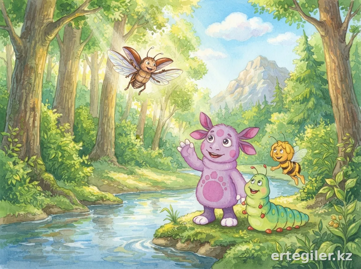 Happy beetle flies, friends watch.
