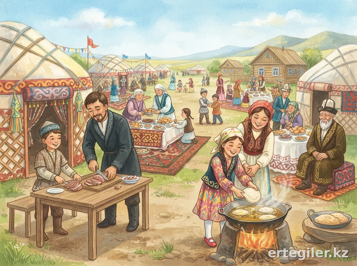 Nursultan with father prepares meat, Aruzhan with mother bakes baursaks.