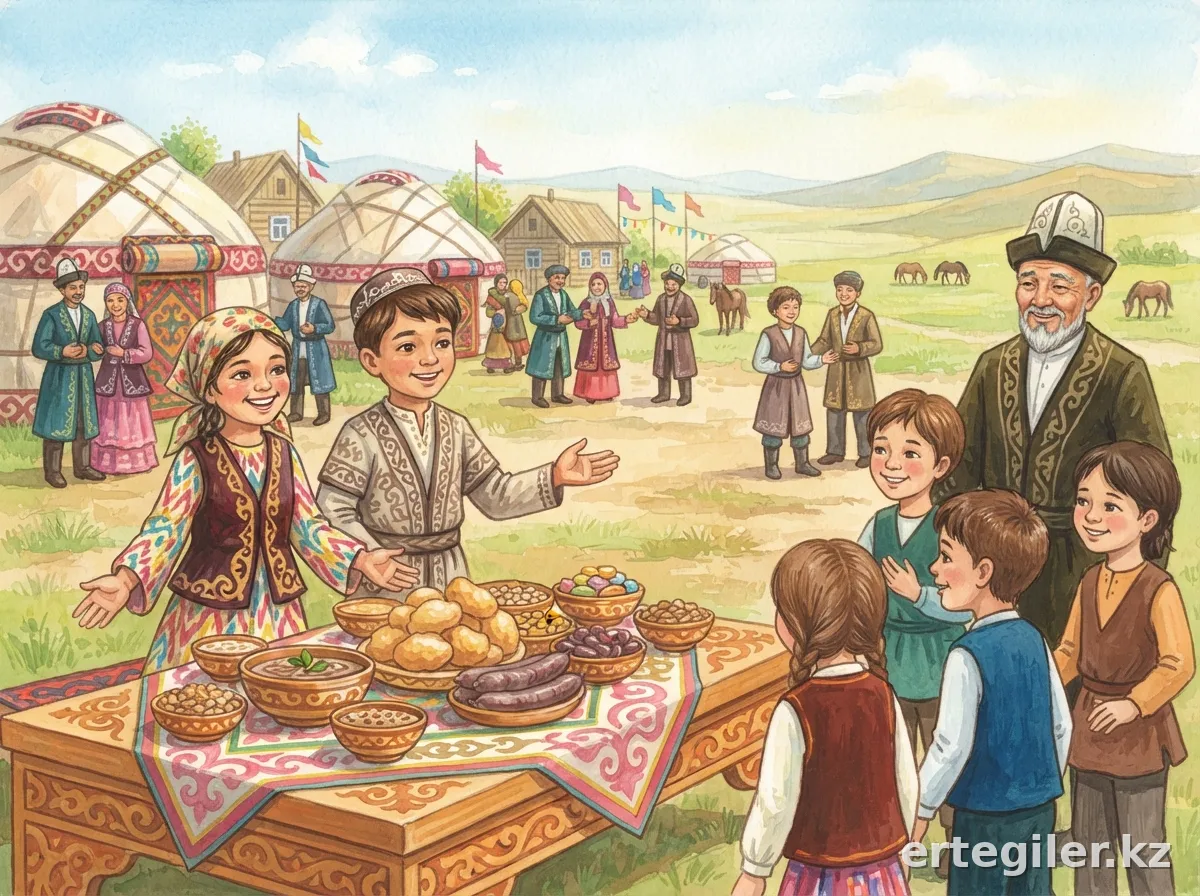 Nursultan and Aruzhan share table with neighboring village children.
