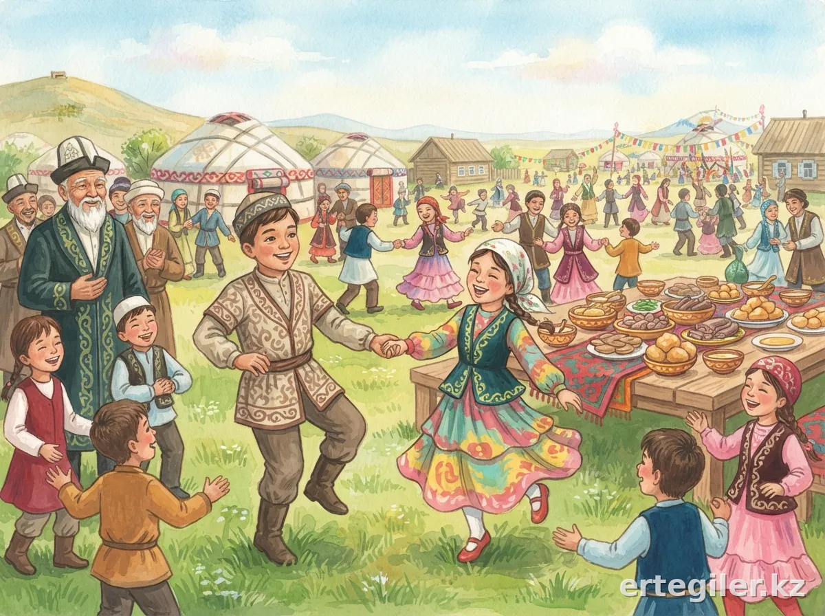 Children and villagers sing and dance together.