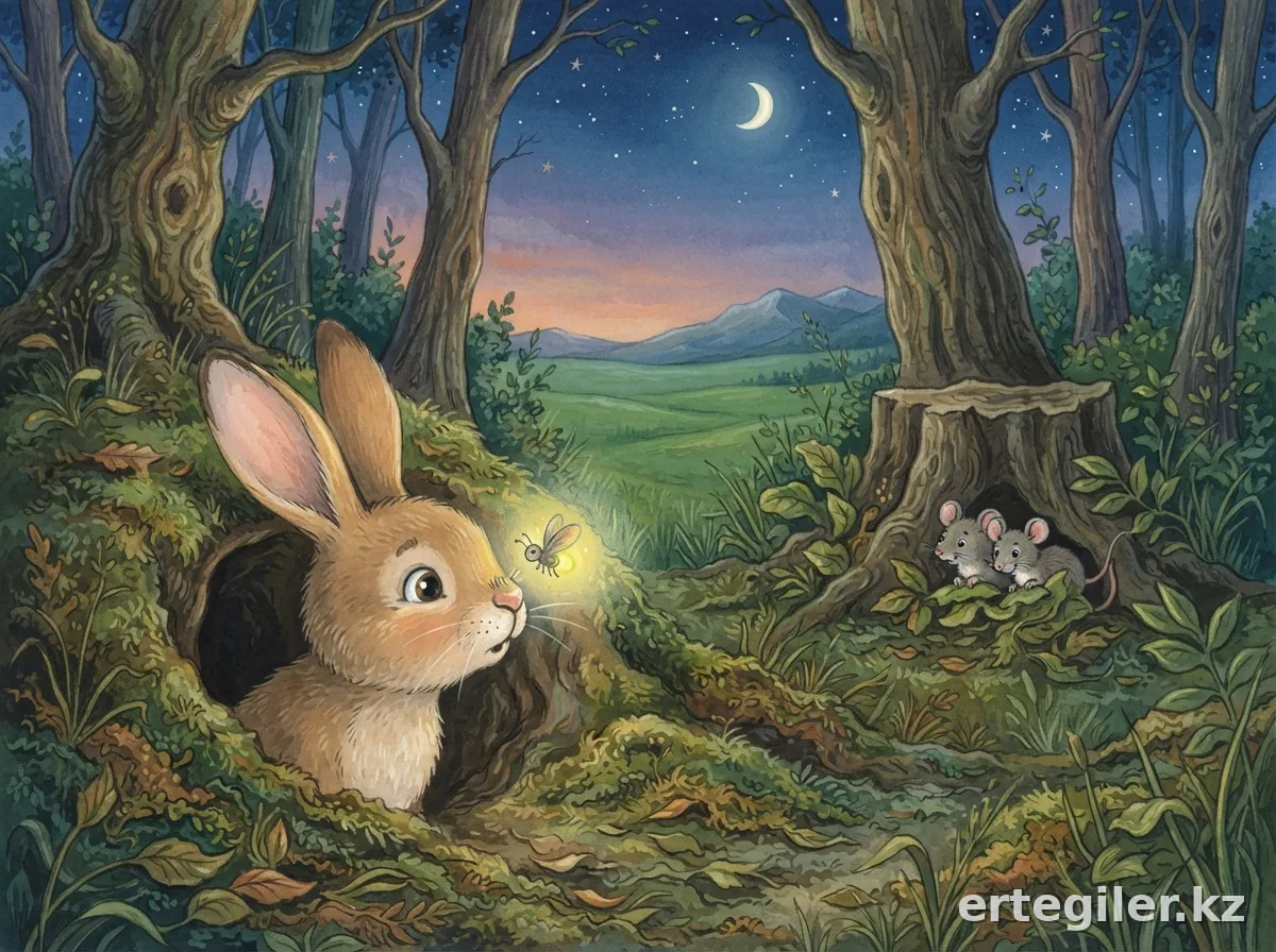 Rabbit peeks from burrow, firefly lands on its nose.