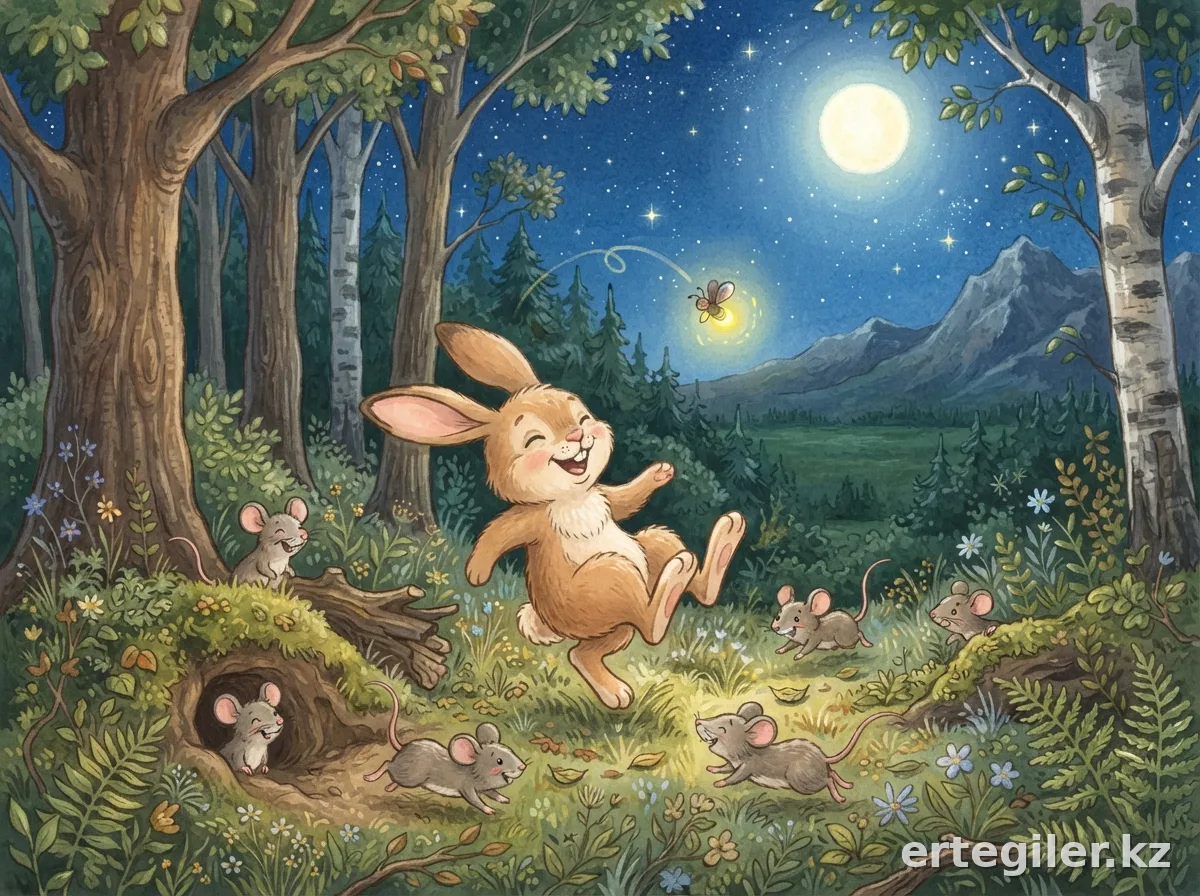 Rabbit joyfully plays hide-and-seek with mice.