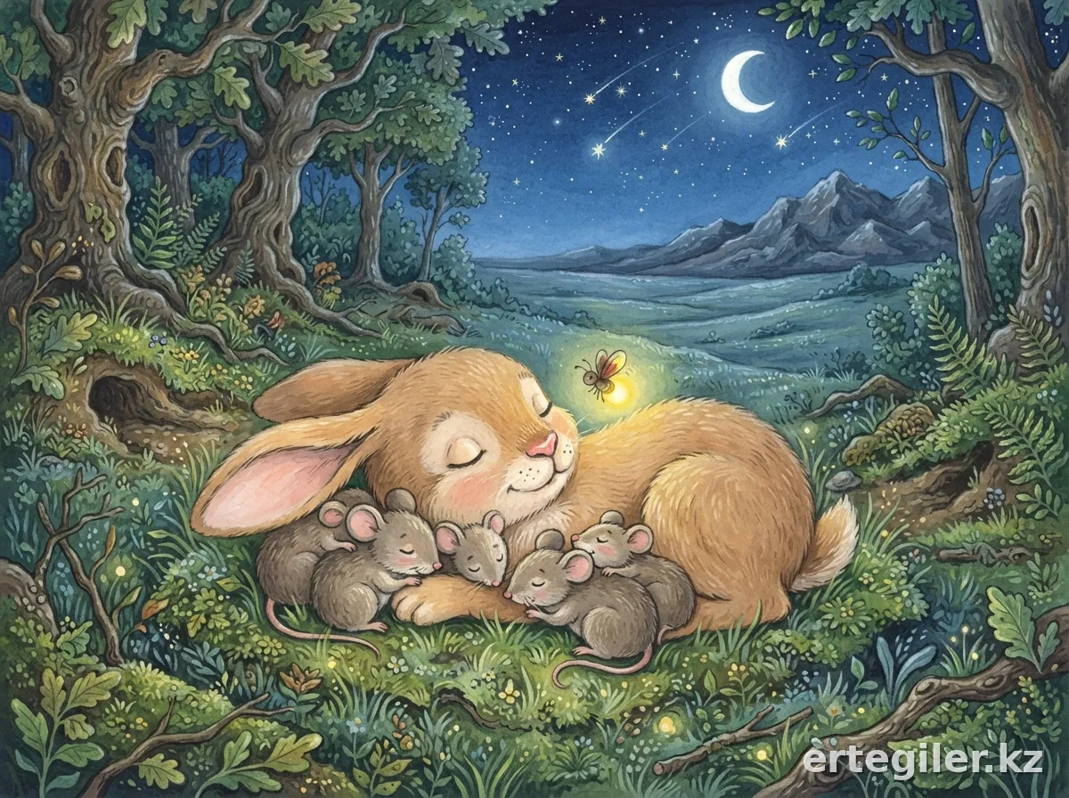 Joyful rabbit sleeps peacefully, firefly on its nose.