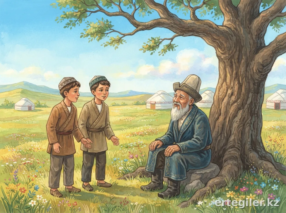 Young Kasym and friend offer help to old man in steppe.