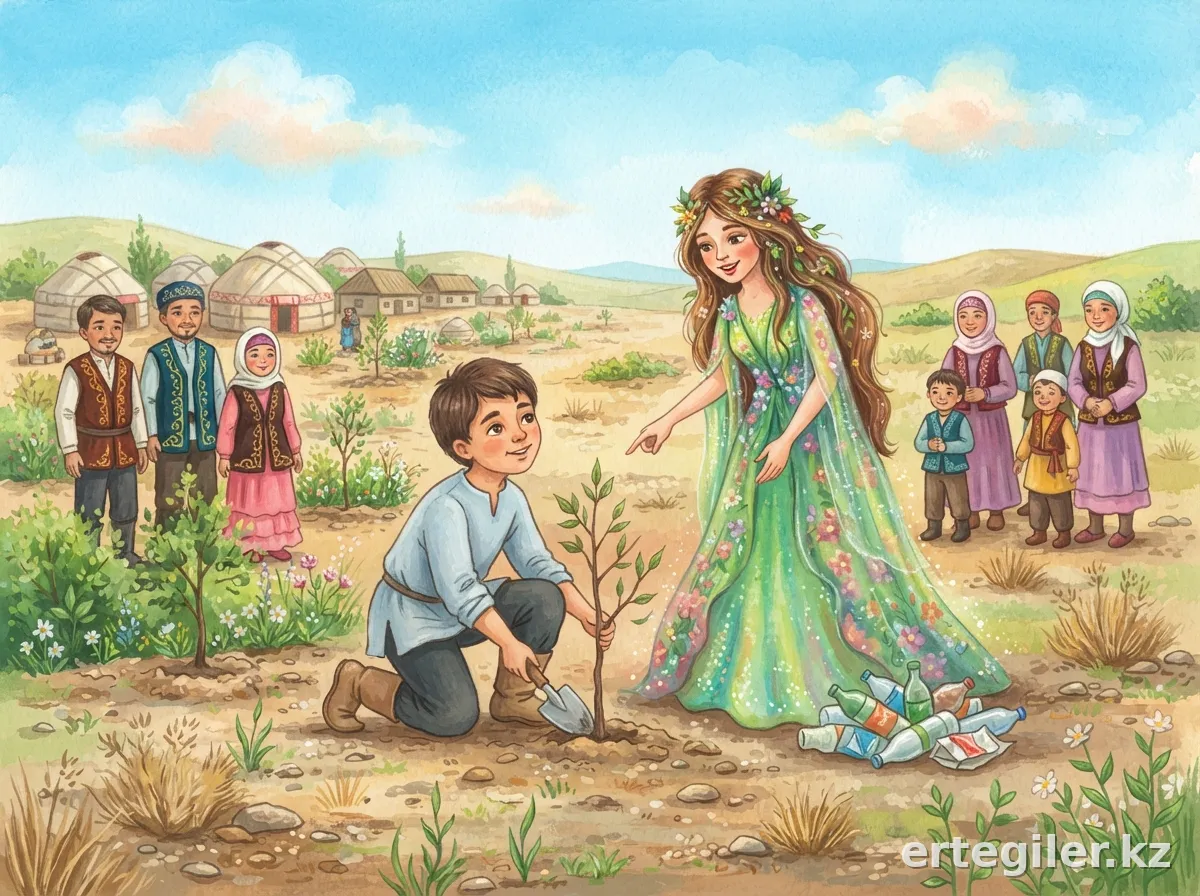 Дәулет пен Пері ағаш отырғызып, қоқыс жинайды.