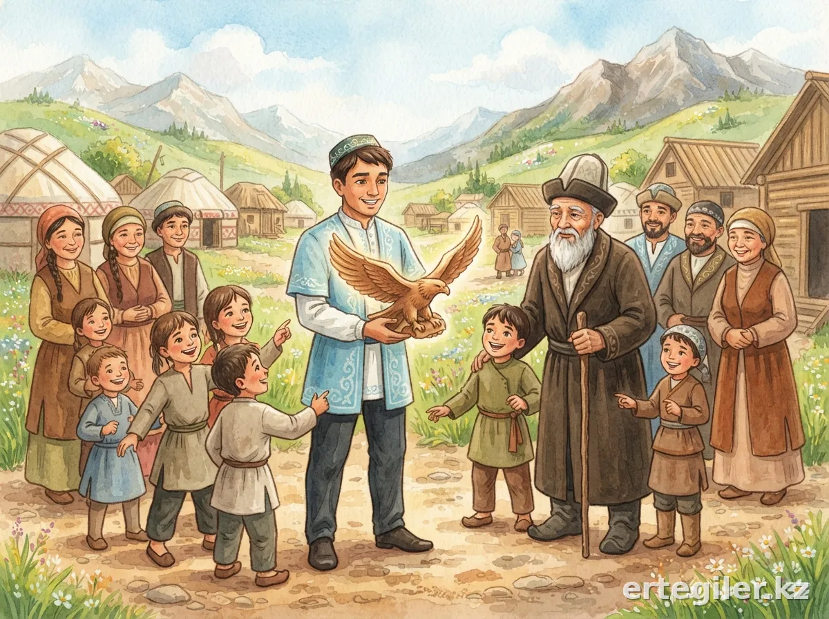 Ясиро показывает жителям деревни свою новую, одухотворенную скульптуру.