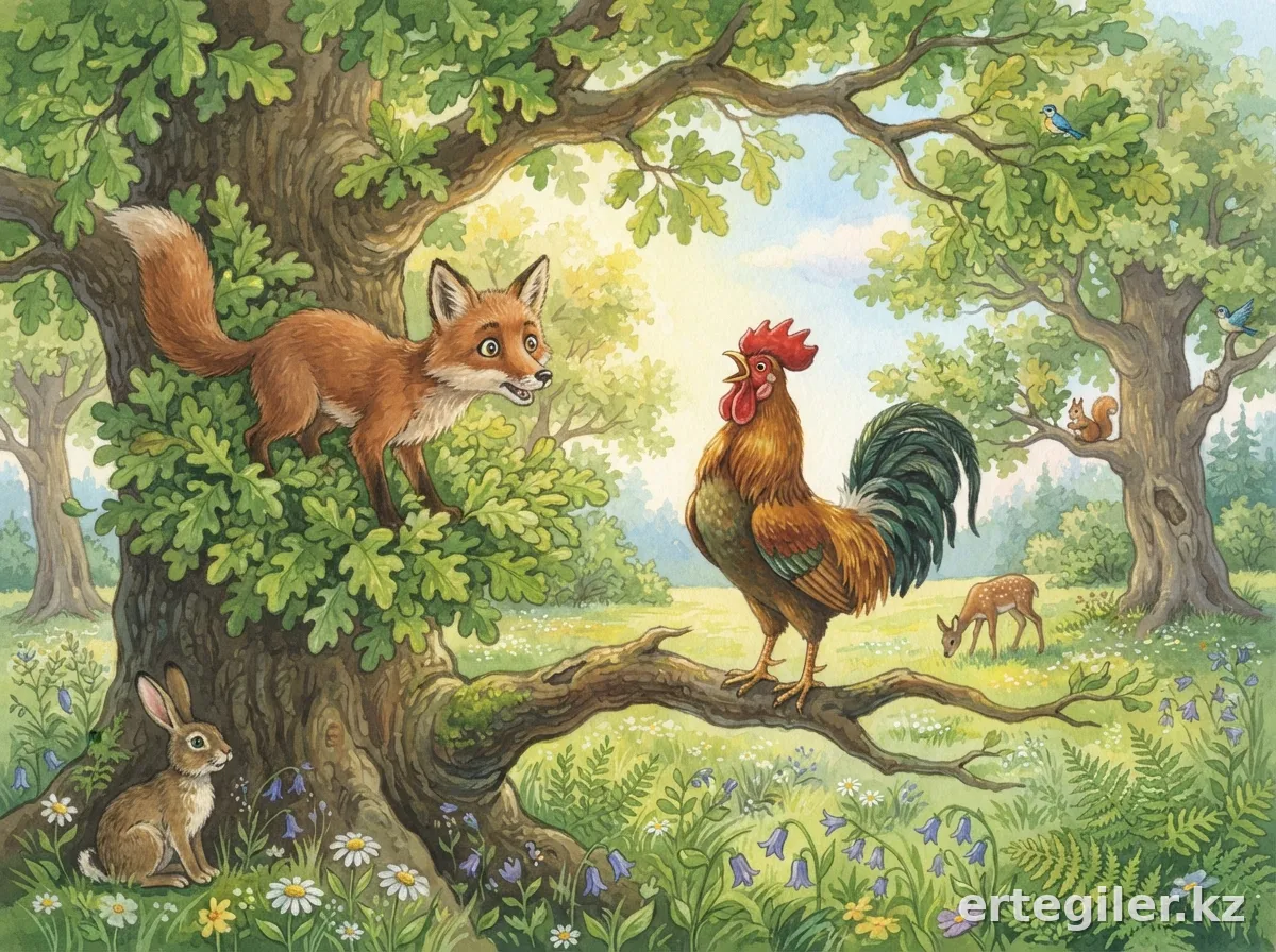 Fox, captivated, listens to the Rooster's song.