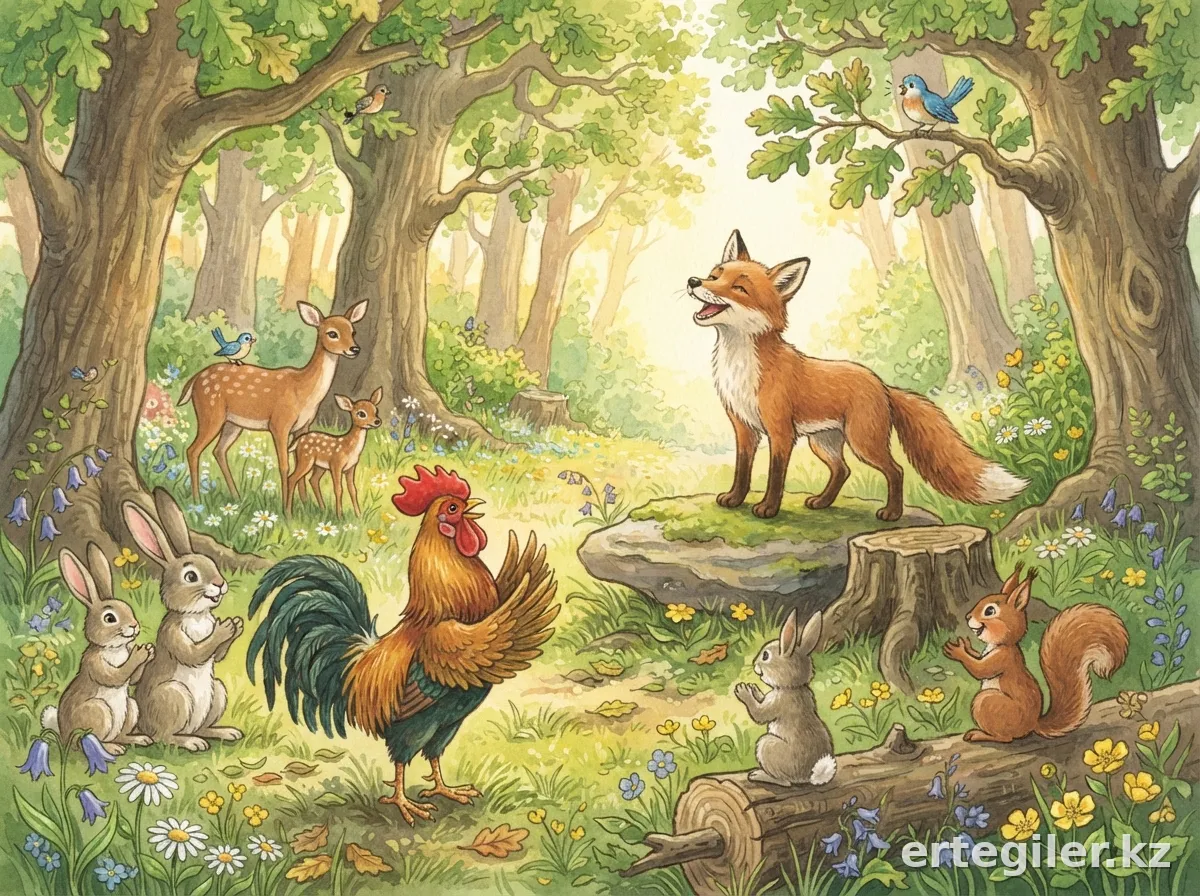 Fox sings at concert, animals applaud happily.